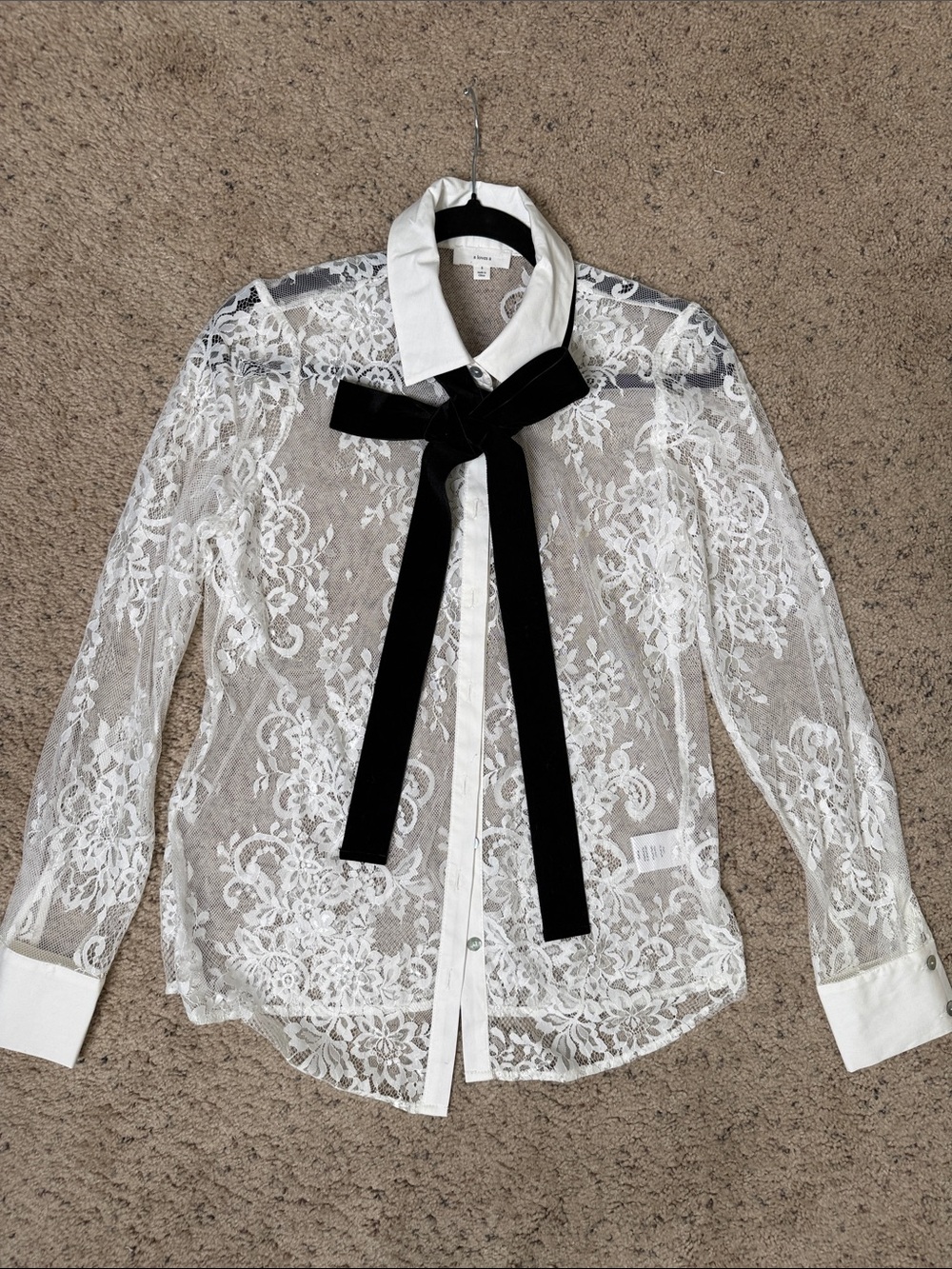 White Lace Sheer Button-Up Blouse with Black Velvet Bow S